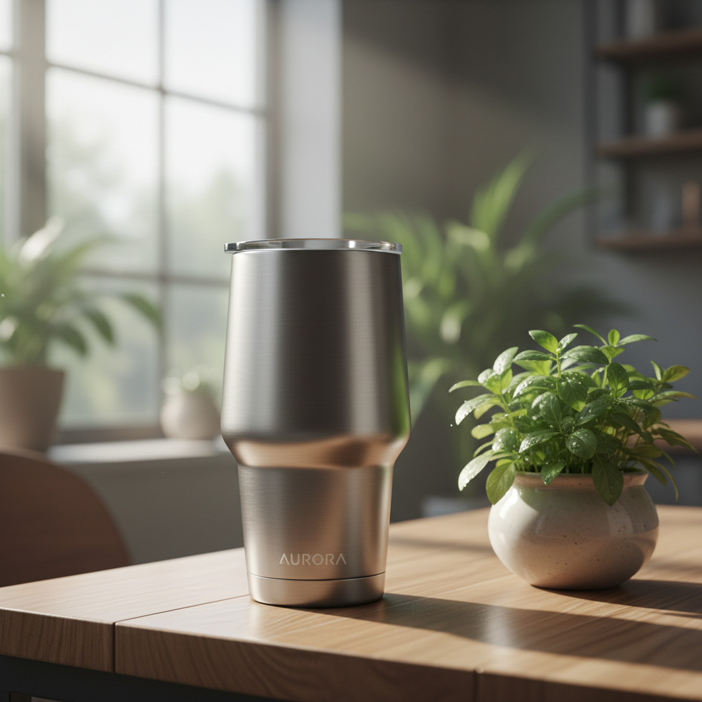 자연스러운 아침 햇살이 비치는 원목 테이블 위에 놓인 매트한 질감의 스테인리스 텀블러와 그 옆에 놓인 작은 초록색 허브 화분
